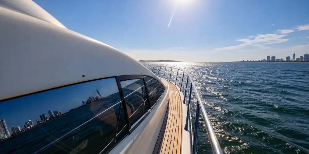 Side deck of the My Toy yacht cruising Cartagena bay