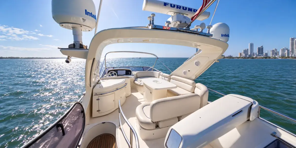 Flybridge with helm, sun lounge and table on the My Toy yacht
