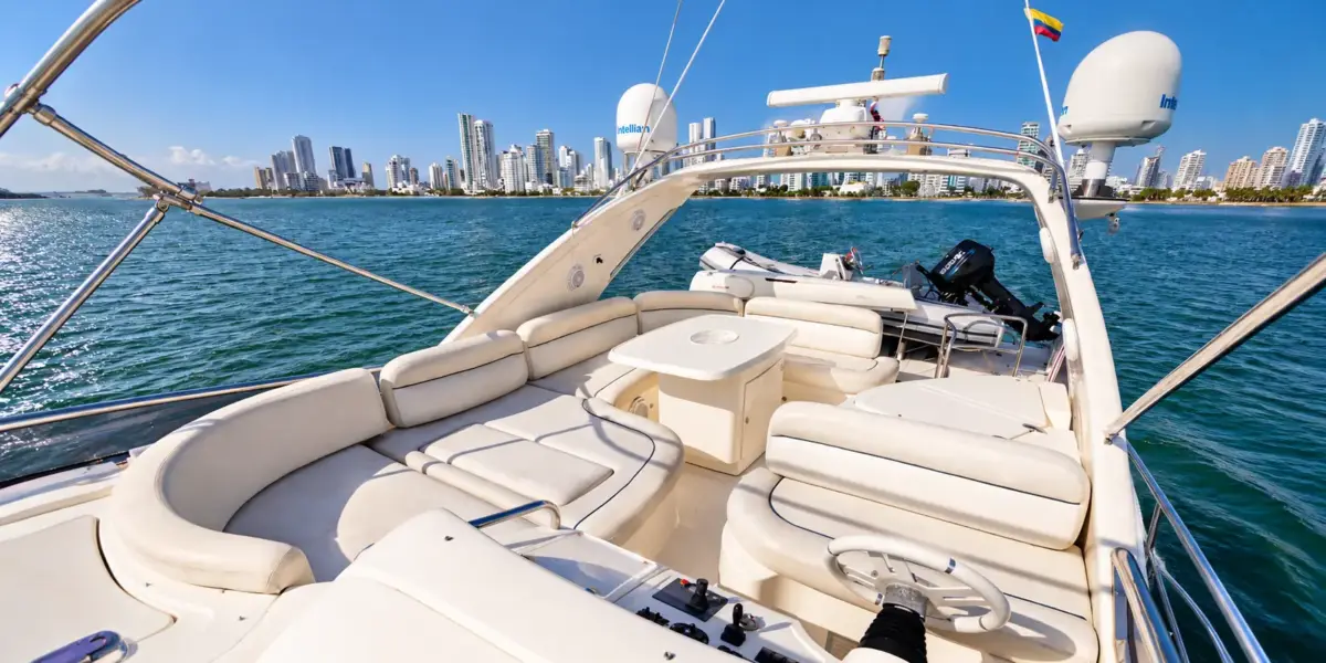 Flybridge sun lounge on the My Toy yacht with Bocagrande behind