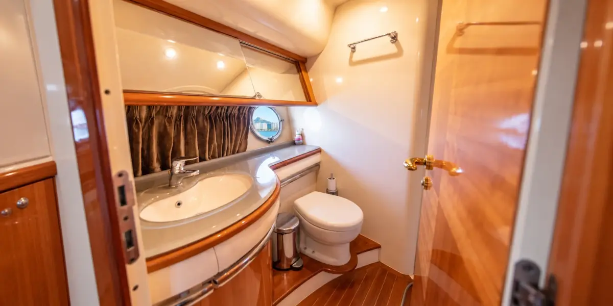 Bathroom with sink and toilet on the My Toy yacht