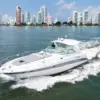 Palladium 46 ft yacht cruising past the Bocagrande skyline, Cartagena