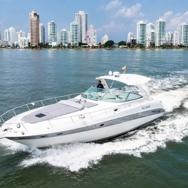 Palladium 46 ft yacht cruising past the Bocagrande skyline, Cartagena