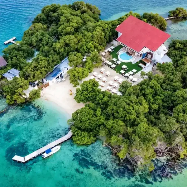 Aerial view of Pao Pao Beach Club in the Rosario Islands, Cartagena
