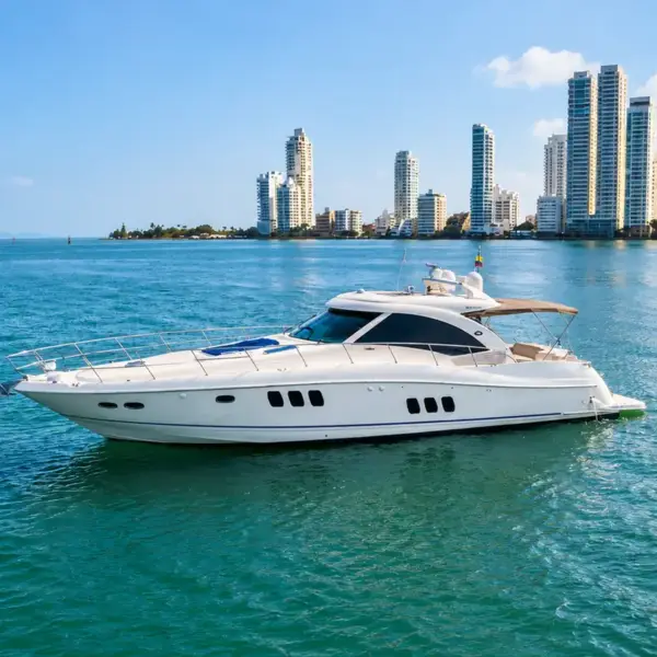 Suerte 62 ft yacht cruising in front of the Bocagrande skyline, Cartagena