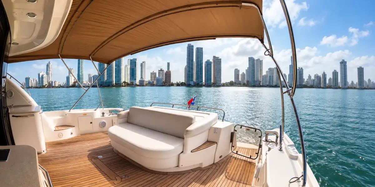 Shaded aft deck with sun pad and Cartagena skyline on the Suerte yacht