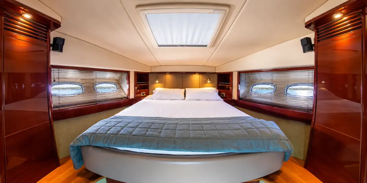 Bow cabin with double bed and skylight on the Suerte yacht