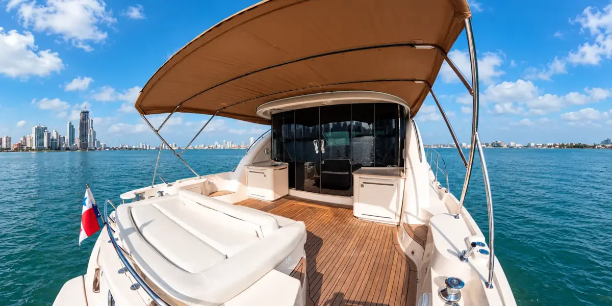 Aft deck under the bimini of the Suerte yacht in Cartagena bay