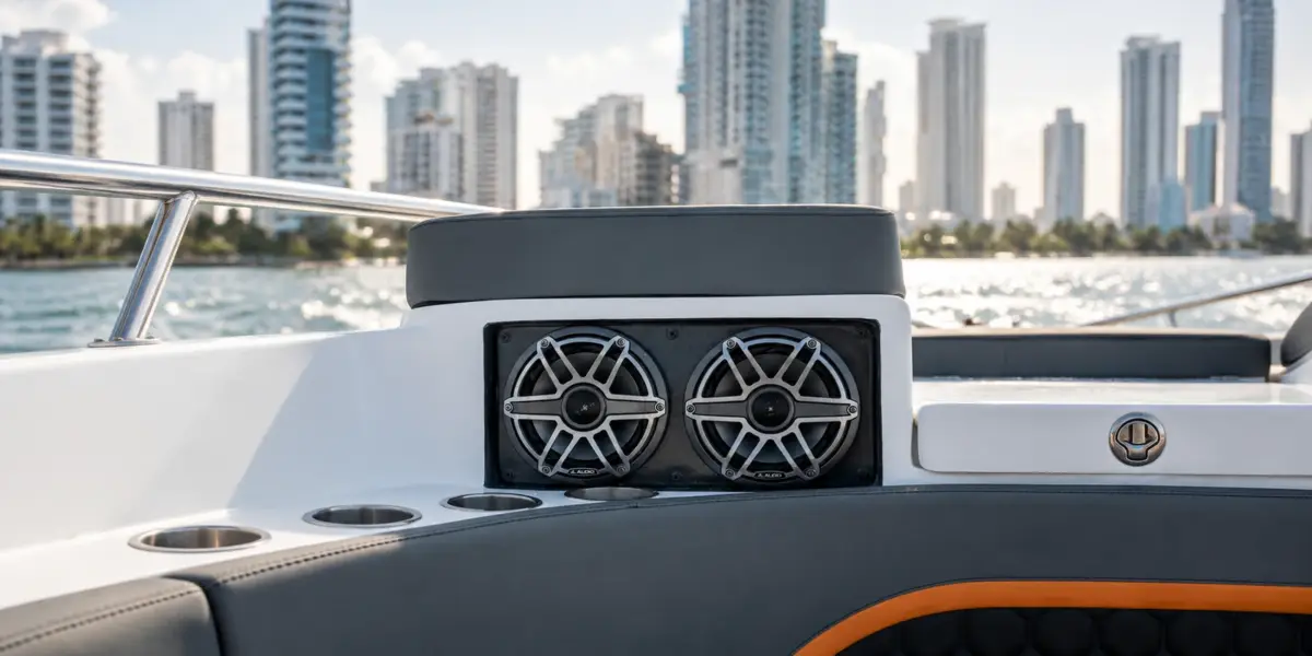 Dashboard speakers of the sound system on the Sugar Mommy boat