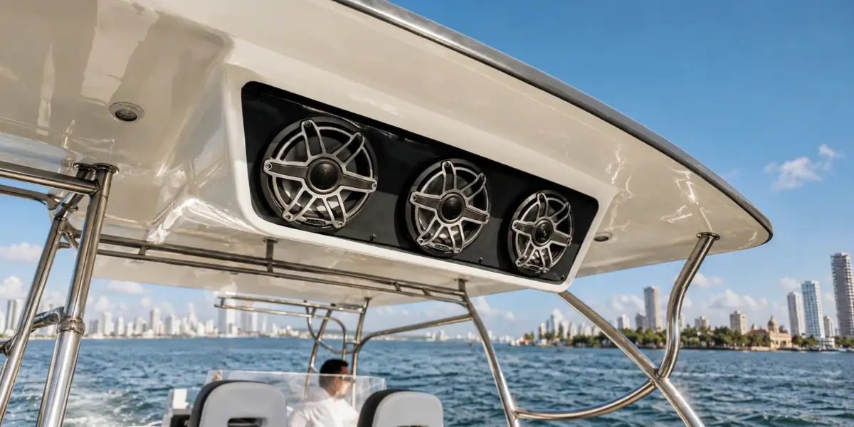Sound system speakers under the canopy of the Sugar Mommy boat
