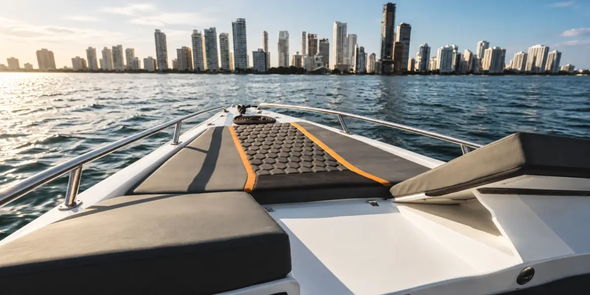 Bow sunbed of the Sugar Mommy boat facing the Bocagrande skyline