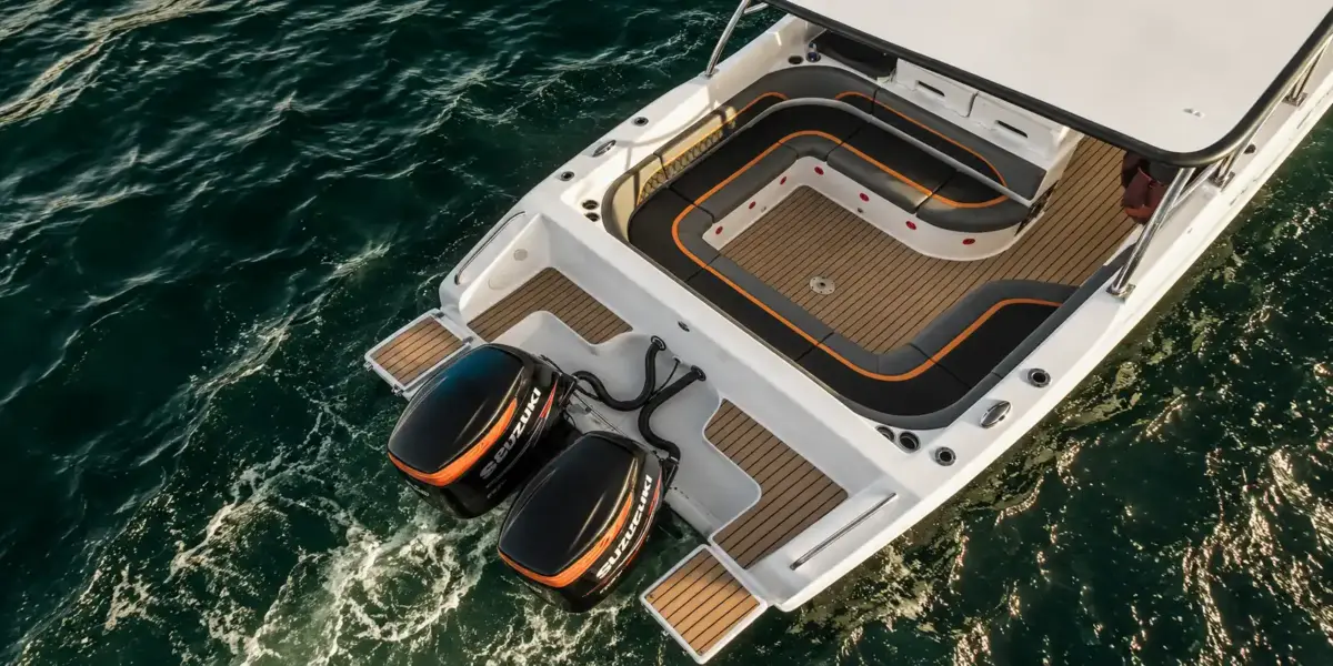 Swim platform and twin Mercury engines of the Sugar Mommy boat