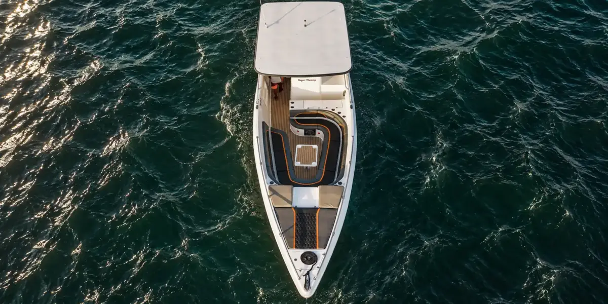 Aerial view of the Sugar Mommy boat on the Caribbean Sea