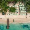 Top-down aerial view of Mantas Beach Club umbrellas