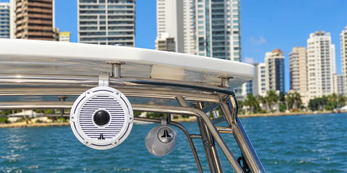 Marine speaker on the hardtop of the Vicky 420 boat