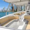 Seating under the hardtop of the Vicky 420 with the Cartagena skyline