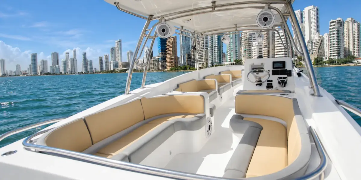 Seating under the hardtop of the Vicky 420 with the Cartagena skyline