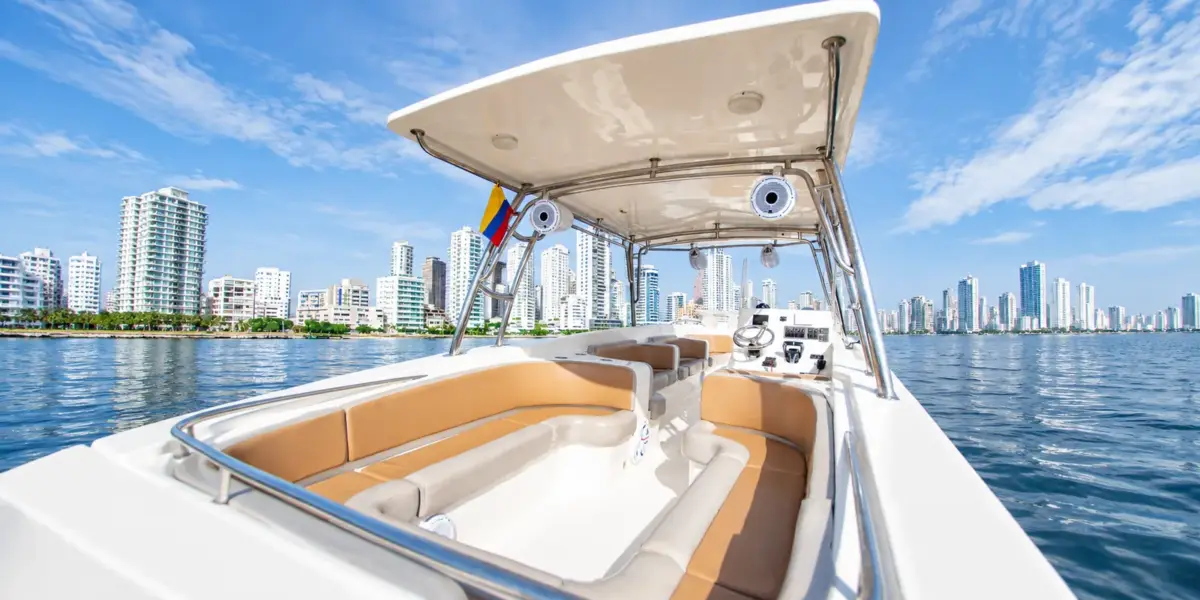 Seating under the hardtop of the Virginia 420 with the Colombian flag