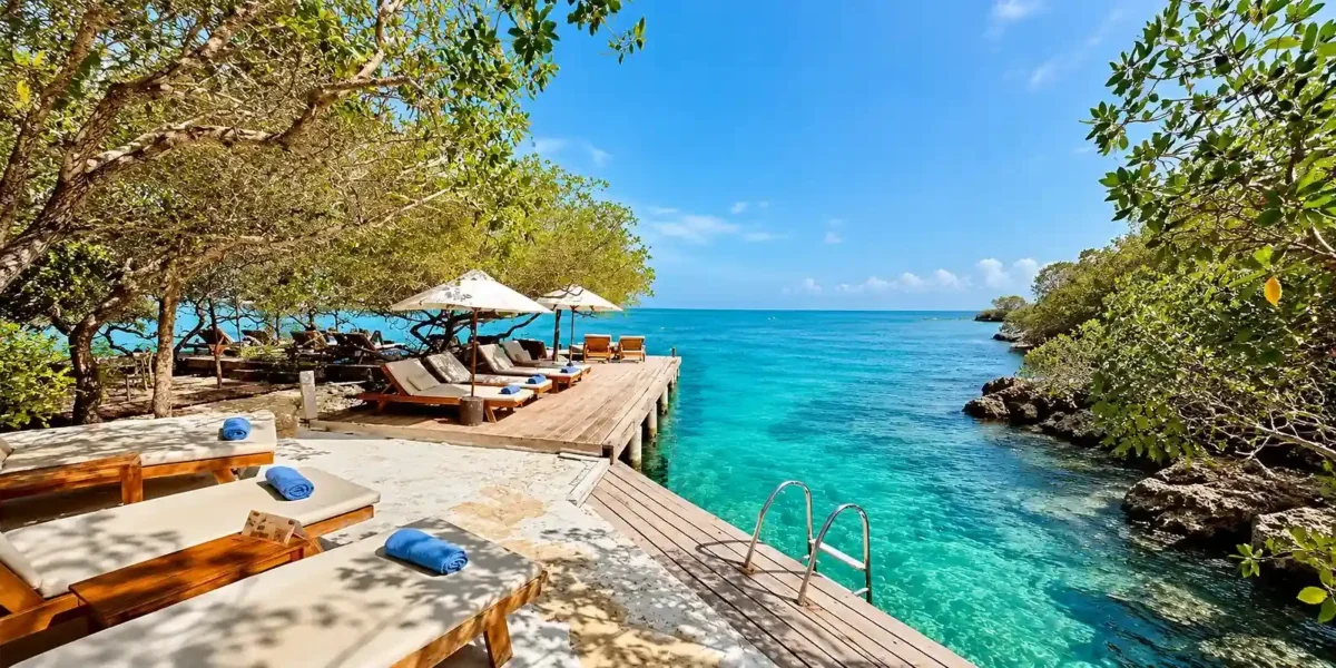 Wooden deck over turquoise water at Coralina Island