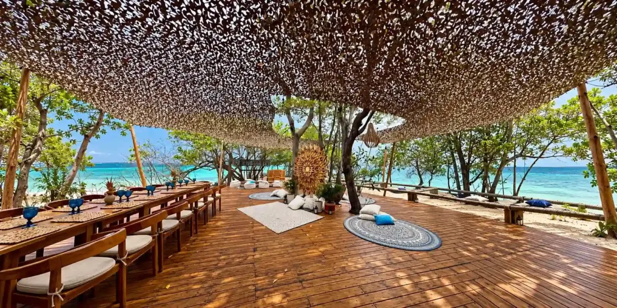 Wooden terrace under the trees at Corona Island