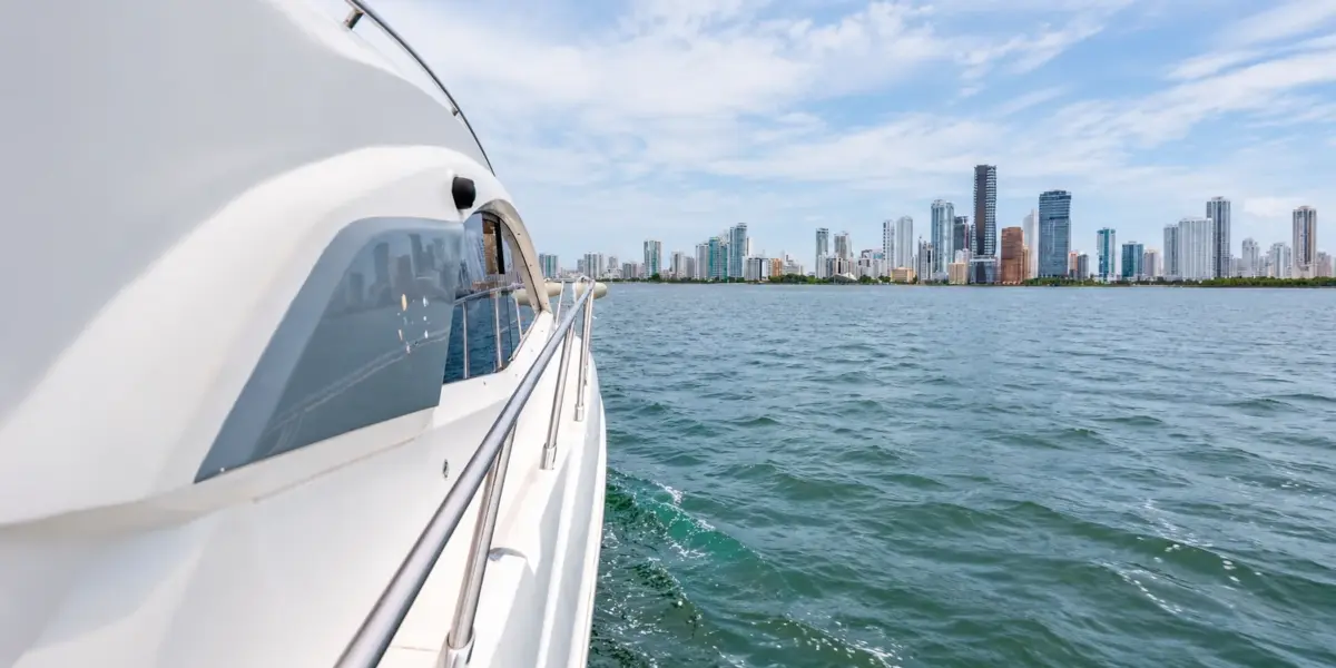 Side deck of the Zetta yacht with the Cartagena skyline