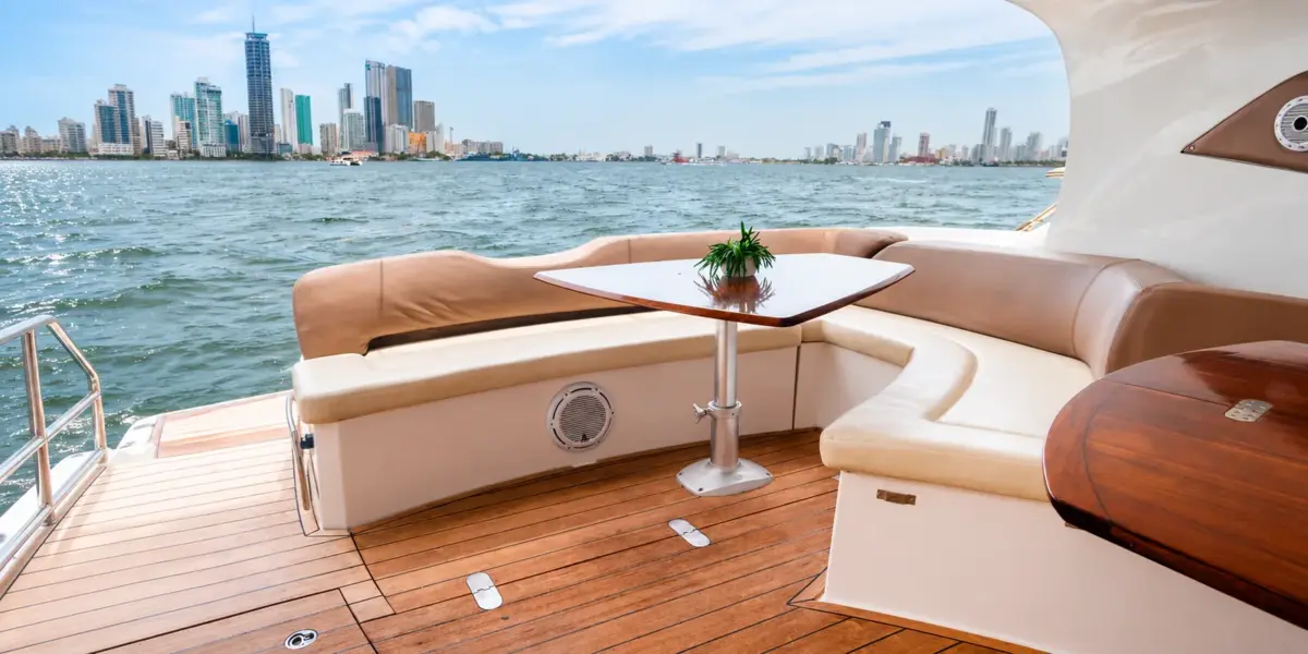 Aft deck seating with table and Bocagrande view on the Zetta yacht