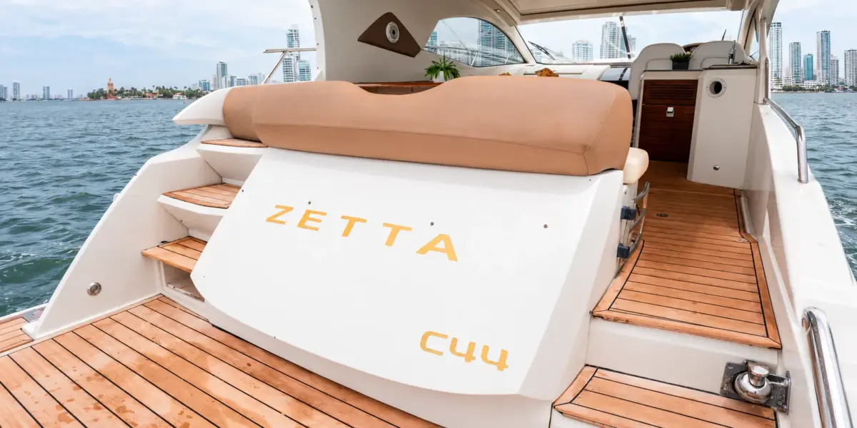 Teak swim platform at the stern of the Zetta yacht