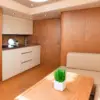 Galley and indoor lounge on the Zetta yacht